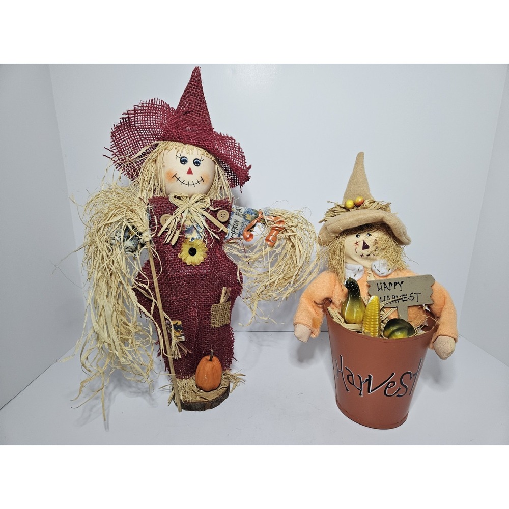 Fall Scarecrow Decorations Thanksgiving Autumn Bucket Sign Plaid Burlap Set Of 2